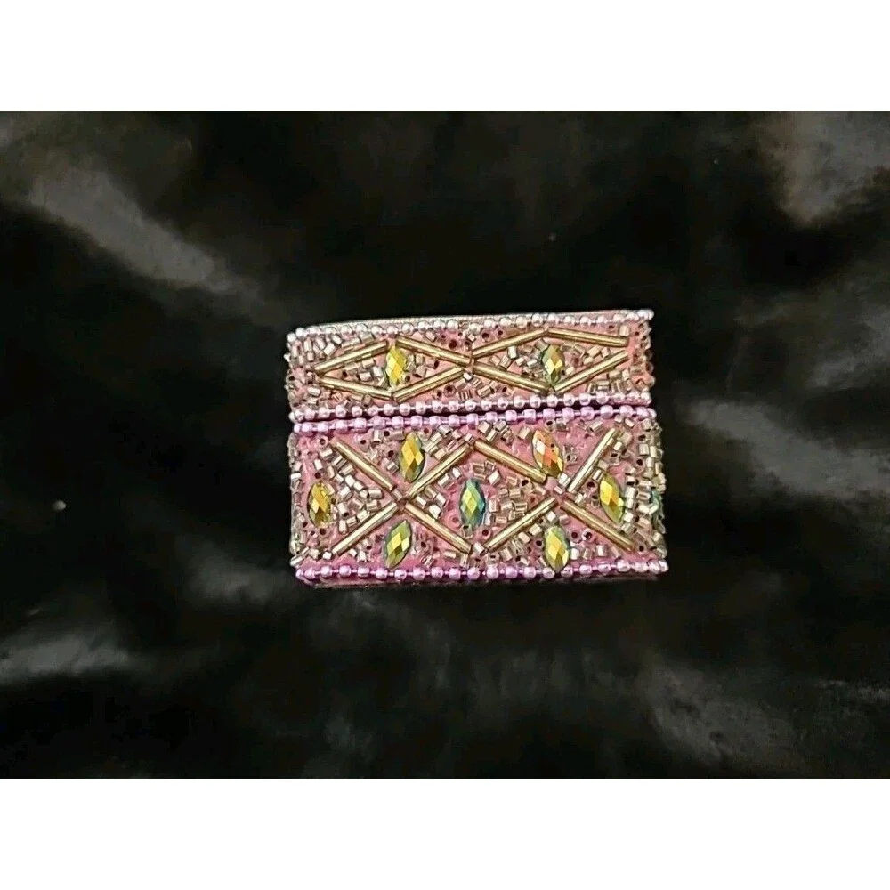 Cute Vintage Look Painted Beaded Trinket Box With Cat Image And Wooden Inside